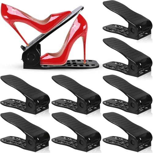 NCKIHRKK 10 Pezzi Organizer Scarpe Impilabile, Portascarpe Salvaspazio Antiscivolo et Regolabile in Altezza, Porta Scarpe da Armadio Salvaspazio per Organizzare il Guardaroba, Nero
