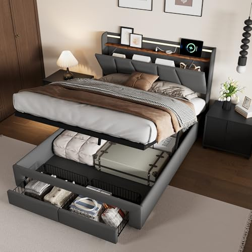 Bett 140x200, Polsterbett Doppelbett mit LED-Beleuchtung, 2 Schubladen, Stauraum-Kopfteil mit Ladestation, Boxspringbett Bettgestell mit Lattenrost, Funktionsbett, Jugendbett, Leinen, Ohne Matratze