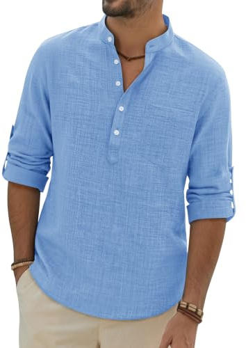Alimens & Gentle Sky Blue Linen Shirts for Mens Collarless Grandad Non Iron Long Sleeve Shirt Casual Summer Button Down Top with Pocket XL