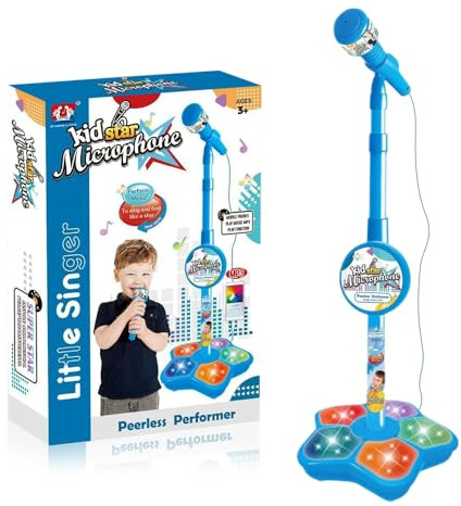 Kids Microphone and Stand, Adjustable Kids Karaoke Machines with Flashing Stage Lights, Stand Up Kids Microphone Stand for Girls Boys Birthday Gift(Blue)