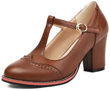 Retro Brogue T-rem hälblock rund tå pumps eleganta klackar för vardagligt arbete PU