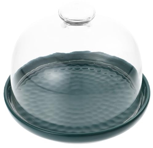 GOOHOCHY Dessert Plate with Glass Dome Lid, 6.10 Inch Ceramic Cake Server for Hotel and Cafe, Unique Design Biscuit Display