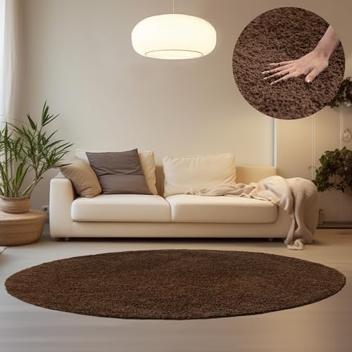 HomebyHome Teppich Rund Hochflor 120 cm Rund - Shaggy Runder Teppich Wohnzimmer Braun Extra Weich und Flauschig - Waschbarer Langflor Teppiche für Schlafzimmer, Küche, Flur - Carpet, Halı, Kilim