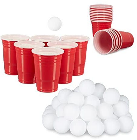 Relaxdays 98 TLG. Beer Pong Set, 48 Bälle 38 mm und 50 Getränkebecher, Party Cups 473 ml, 16 oz, Trinkspiel, weiß und rot