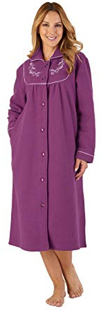 Slenderella Womens Button Up Dressing Gown Soft Boucle Fleece Embroidered Housecoat (3 Colours)