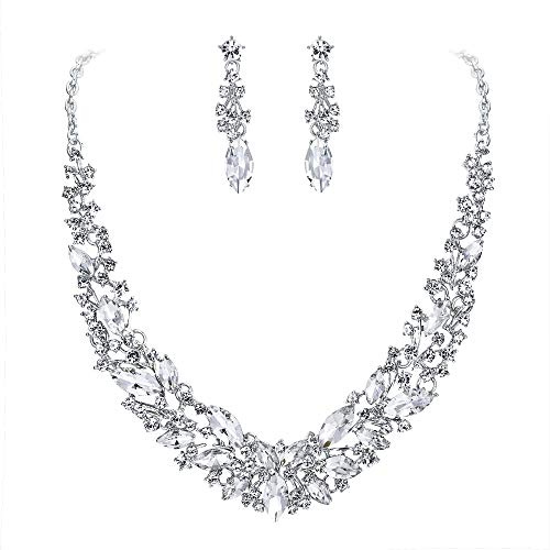Clearine Damen Schmuckset Hochzeit Braut Österreichischen Kristall Marquise Cluster Kragen Halskette baumeln Ohrringe Set Klar Silber-Ton (Klar Silber-Ton)