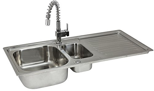 KuKoo Premium Edelstahl Einbauspüle Küchenspüle Spültisch mit Resteschale + Gratis herausziehbarer Rainbow Geschirrbrause Wasserhahn- Mischbatterie Thermostat-Mischarmatur + GRATIS Rohr-Installation