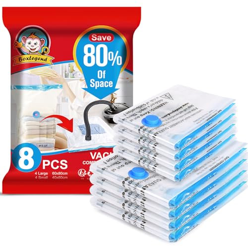 BoxLegend Vakuumbeutel für Kleidung, 8 Stück 5XL* 100x80cm + 3L* 80x60cm Vakuum Aufbewahrungsbeutel Umzug Vakuum Kleiderbeutel Wiederverwendbar für Kleidung, Bettdecken, Kissen, Decken