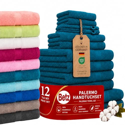 Betz Palermo Handtuch-Set 12-teilig – 100% Baumwolle – Oeko-TEX® Zertifiziert – extra saugfähig & weich – hohe Grammatur – Duschtücher, Handtücher, Gästetücher & Waschhandschuhe Farbe Petrol