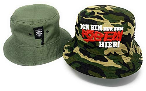 Outfitfabrik ♥ Anglerhut/Bucket Hat/Fischerhut zum Wenden Ich Bin nur zum Pöbeln Hier, 3D Stick in weiß/rot, Hut in Camouflage/Oliv, einseitig unbestickt, One Size (Provokation, Statement)