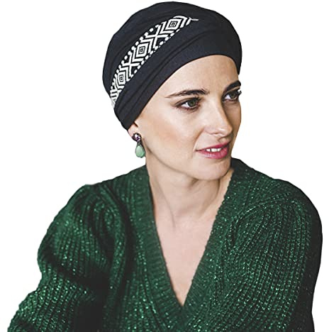 CAREBELL Onkologisk turban/komfortmodell/svart Ikat-design/bambutyg/perfekt för känslig hud/patienter med håravfall/kemoterapi och alopeci