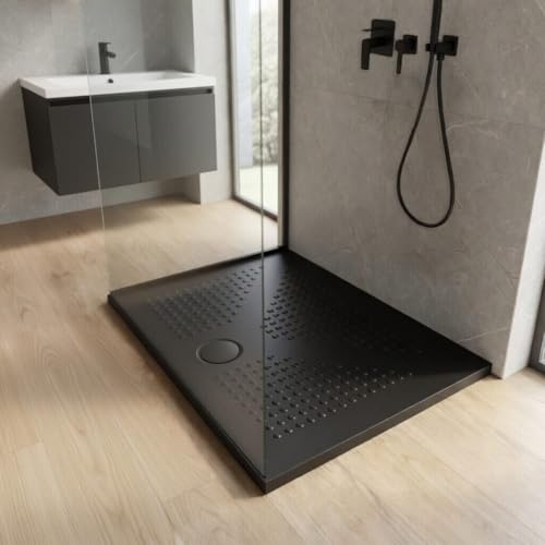 KIAMAMI VALENTINA - Flache Duschwannen bodengleicher Einbau matt schwarz 100X80 | Delfino