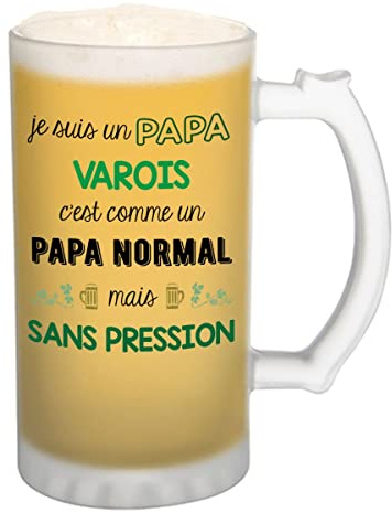 Planetee Chope de bière Papa Varois Chauvin et Sans Pression - cadeau idée anniversaire Fête des Pères Humour - Verre givré 470 ml avec poignée Alcool Pinte