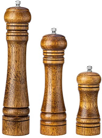 Salz und Pfeffermühle Aus Holz 3er-Set Nachfüllbare Küchen Handstreuer mit Verstellbaren Groben Mühlen für Gewürze Pfeffer Himalaya Meersalz, 14,5cm/22cm/27cm