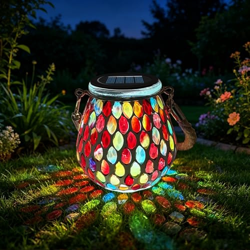 TOTHDATE 1PCS Solar Mosaik Leuchte Oval für Außen, On/Off Glas Mosaik Hängend Licht Solarlaterne Tischleuchte IP65 Wasserdicht für Rasen Pfad Hof Deck Boden Teich, Rot Mosaik Licht