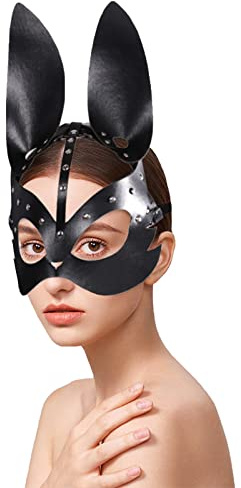 JIAHG Halloween Kaninchen Maske Damen, Sexy Venezianische Augenmaske, Schwarzem PU Leder Halbgesichtsmaske, Catwoman Kostüm für Fasching, Karneval, Party, Christmas