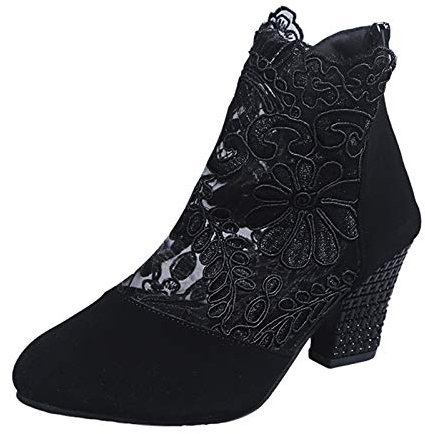 Women's sandals with heel - sandals lace pumps - shoes block heel ankle boots - round lace floral pattern mesh hollow tulle summer boots - zip leisure breathable shoe, black, 8