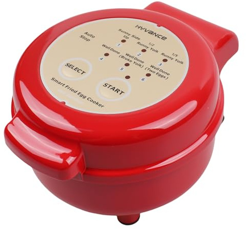 Hyvance Smart Fried Egg Cooker for 6 Functions Like Sunny Side Up, Easier, Fully Cooked and More - Auto Shut Off, Alarm, Round Shape, Non-Stick Coating (Red)