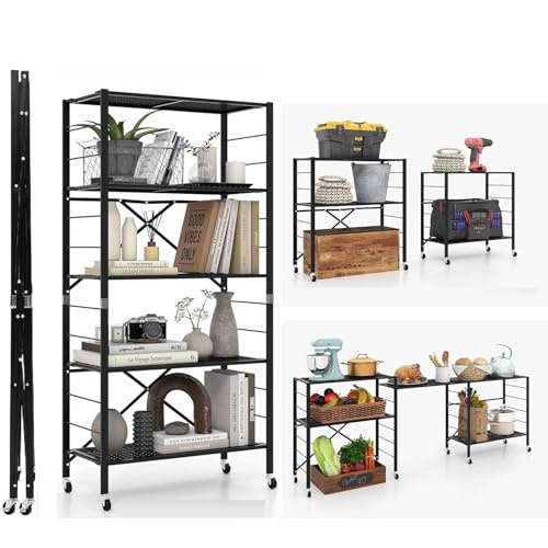 COSTWAY 3 in 1 klappbares Regal, DIY Küchenregal höhenverstellbar mit 8 Rollen, Metallregal freistehend, 5 Etagen Klappregal, Aufbewahrungssregal für Küche, Balkon, Garage