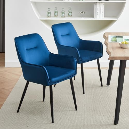 CLIPOP Esszimmerstühle 2er Set mit Armlehne aus Samt Blau, Armlehnenstuhl Polsterstuhl Stühle Esszimmer Küchenstuhl mit Metallbeine und Rückenlehne für Wohnzimmer Esszimmer