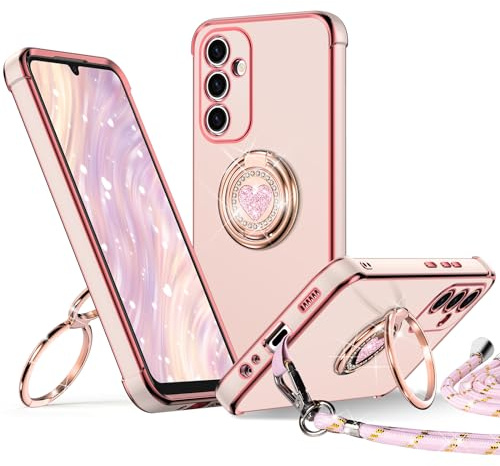 XYZ für Samsung Galaxy A14 Hülle mit Band, Rosa | Herzen Doppelring Ständer HandyHülle, Frauen Mädchen Dünn Stoßfeste Case mit Handykette, Anti Kratzt SchutzHülle