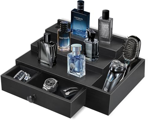 Zecela Köln-Ständer, Organizer für Herren, 3-stöckig, Köln-Ausstellungsregal mit Samtfutter, Schublade und Fächern für Uhren, Schmuck, Parfüm-Display für Köln, tolles Geschenk für Vater