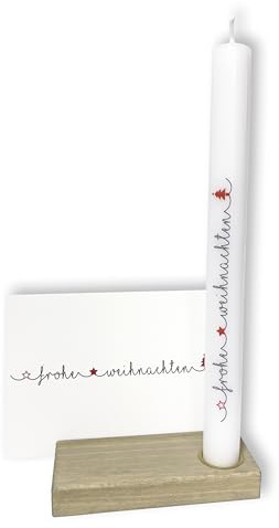 FRITZ COX Weihnachtskerze Frohe Weihanchten | Stabkerze mit Kerzenständer und Weihnachtskarte | Stabkerzen mit weihnachtlichem Aufdruck | 20cm