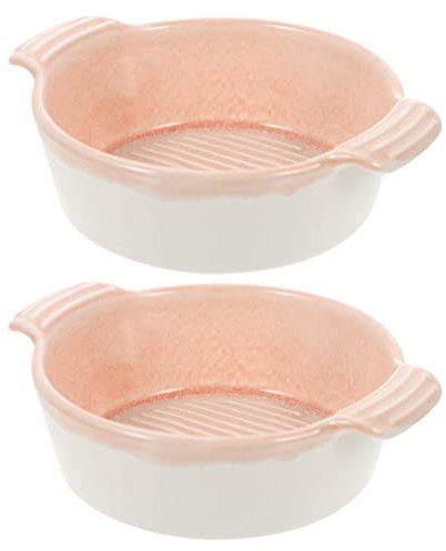 2pcs Ceramic Soup Bowls with Double Handles Stacked Baking Bowls French Onion Soup Selected Pots and UtensilsCereal Pies Baking Dish Pie Pan Ramekins Stew Pink with