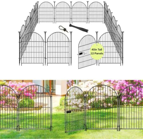 ADAVIN Garden Fence Animal Barrier with Gate 40 in(H)×26.2 Ft(L) 12 Panels,Rustproof Metal Wire Tall Fencing Border for Dogs Rabbits,Outdoor no dig pet Fences,Black Flower Edging for Yard,Arched