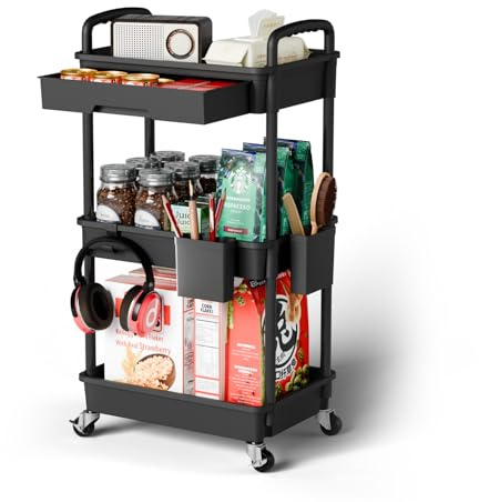 Sorgion 3 Tier Rolling Cart Organizer,Laundry Room Bathroom Organizers and Storage Office Shelves Mobile Shelving Unit Kitchen Trolley Cart with Wheels for Art,Craft,Diaper,Bedside,Snack(Black)