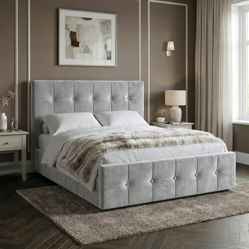 Blisswood 4ft6 Double Ottoman Bed Frame, Velvet Upholstered Storage Bed, Gas Lift End Opening Bed Frame with Wooden Slats, Heavy Duty Metal Support Base, Under Bed Storage, Space Saving Design, Grey