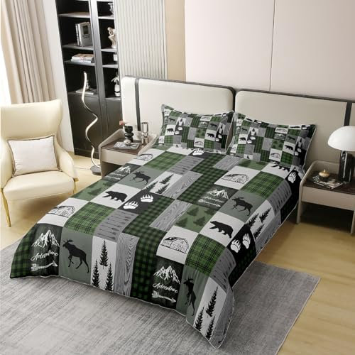 Rustikales Abenteuer 100% Bio-Baumwolle Tröster Bezug Hirsch Bär Kiefern Kabine Bauernhaus Bettbezug Set 200x200 Größe für Schlafzimmer Camo Pfeil Plaids Patchwork Bettwäsche Set mit 2 Kissenbezügen