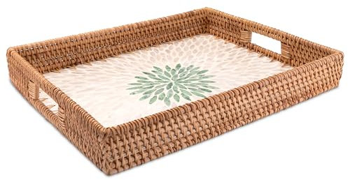 Decorasian Vintage Tablett aus Rattan mit Muschel Mosaik – Dekotablett und Serviertablett mit Griff im Boho Stil - Größe 43cm x 33cm