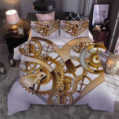 VACSAX Copripiumino Matrimoniale 250x200Cm Morbido Microfibra Parure 3D Ingranaggi D'Oro Cuore +2 Federe 50x75Cm Con Cerniera, Stampa Bedding Adulti E Bambini, Set Di Biancheria Da Letto 3 Pezzi
