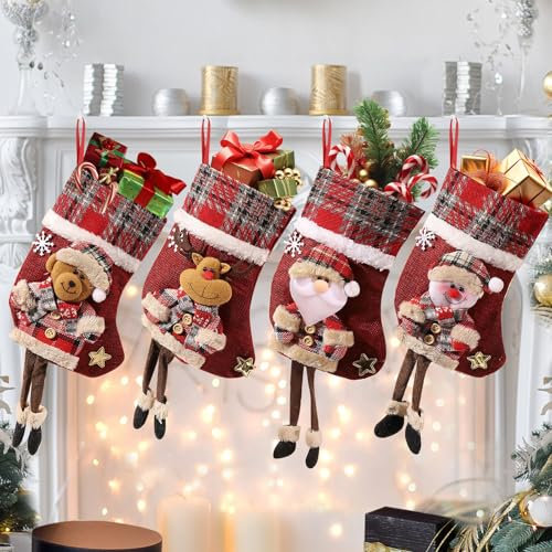 dellyy 4 Stück Geschenkbeutel Nikolausstrumpf, Weihnachtsstrumpf Set, Nikolausstiefel Befüllen, Nikolaussocke, Weihnachtssocken Dekoration für Weihnachtsbäume, Treppen, Kamine, Nachttische