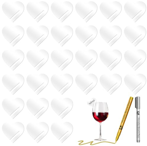 Graplan 30 Stück Acryl Getränk Tags, Glasmarkierer mit 2 Metallic Marker Stifte, Wiederverwendbare Acryl-Getränkeanhänger Herz, Party Getränk Tag für Bar Hochzeit Weinprobe Party