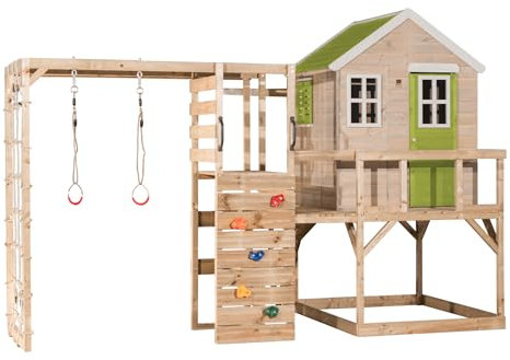 Wendi Toys M21-G Stelzenhaus mit Kletterwand, Kletternetz aus Holz, Spielhaus Garten Outdoor für Kinder, 197×356×242 cm, mit Turnringen, Leiter, Monkey Bar, wetterfest