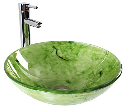 Bathroom Vessel Sink Above Counter, Round Shape Green Colored Tempered Glass Sink Vanity Washbasin, Bathroom Round Bowl Basin Sink with Basin Faucet,Complete Set (Green Complete Set)
