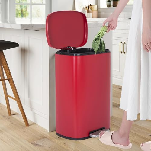 BLKMTY Trash Can 13 Gallon Kitchen Garbage Can with Lid for Office Bathroom Garbage Bin Trash Bin Pedal Trash Can Stainless Steel Waste Bin with Removable Inner Bucket Tall Rubbish Bin, Red