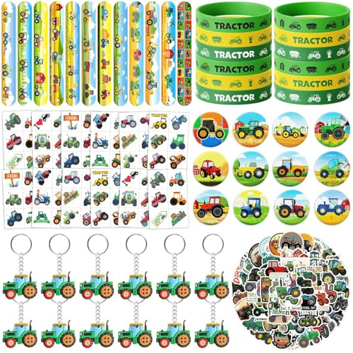 BOIKOKY 110Pcs Tractor Party Favors for Kids - Farm Birthday Party Decorations and Supplies with Slap Bracelets, Tattoos, Stickers, Keychains & Buttons, Tractor Goodie Bag Fillers for Boys