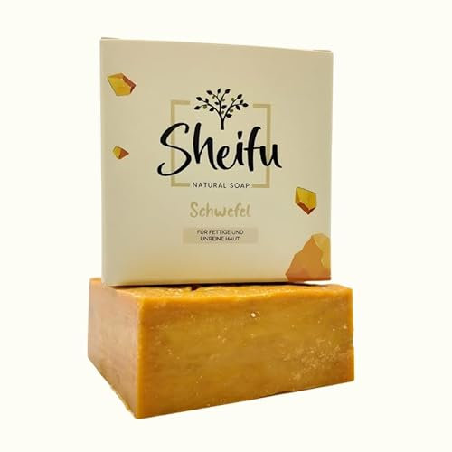 Sheifu Sapone naturale allo zolfo, sapone da doccia per pelli grasse e impure, combatte brufoli e acne senza olio di palma, vegano, sostenibile, fatto a mano, 125 g