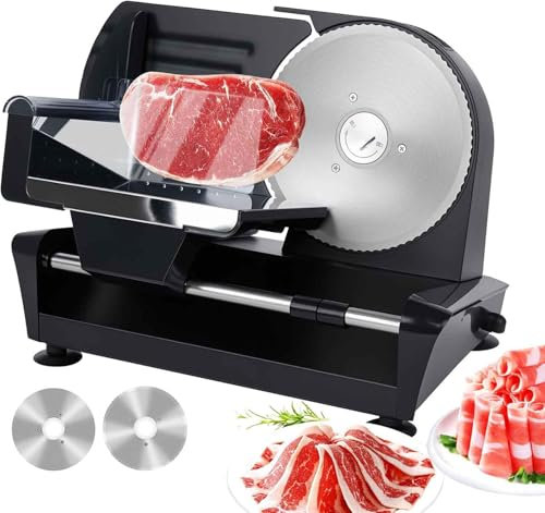 Cortadora eléctrica de carne de 200 W con 2 cuchillas de acero inoxidable, grosor ajustable (0-20 mm), cortador de alimentos antideslizante para carne, queso y verduras, ideal para uso doméstico