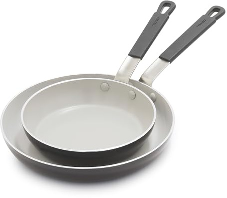 GreenPan x Bobby Flay 2 Piece- 8” and 10” Nonstick Frying Pan Skillet Set, PFAS-Free Diamond Ceramic, Induction Suitable, Stay-Cool Silicone Handle, Easy Clean Dishwasher & Oven Safe, Graphite