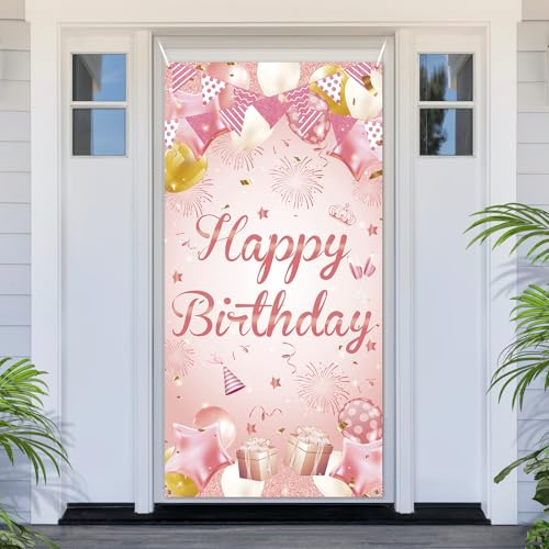 PartyYaa Geburtstagsbanner Deko, Rose Gold Geburtstag Tür Banner, Happy Birthday Banner Türabdeckung Fotoautomaten Schild Poster Party Deko für Drinnen und Draußen