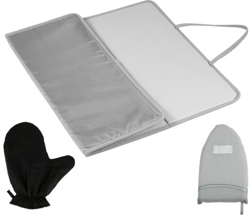 Ironing Mat, Foldable Iron Pad with Heat Resistant Glove and Hand, Portable Tabletop Ironing Boards, Thick Iron Mat for Steam Pressing on Tabletop & Beds, Business & Travel, 14x20 Inch (Triple Fold)