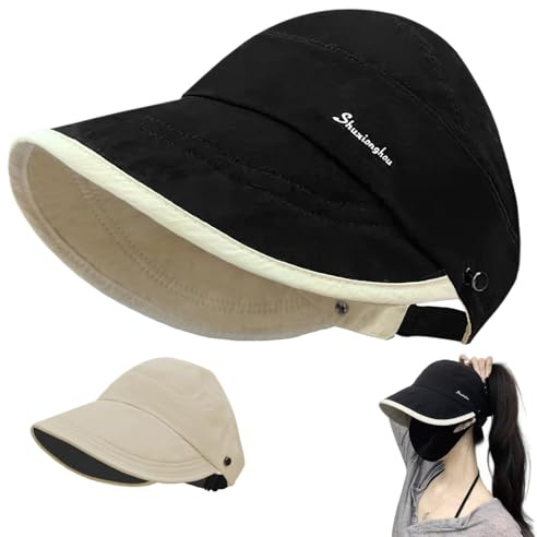 Women Visor Ponytail Sun Hat for Outdoor Uv Protection Wide Brim Sun Hats Packable Golf Running Visor Piping Black