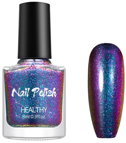 Purple Holographic Nail Polish,Glitter Quick Dry Chrome Chameleon Nail Varnish,Shimmer Shiny Chrome Nail Varnish for Autumn,Lasting Shimmer Nail,Metallic Colour Changing Nail Polish No Need Lamp Cure
