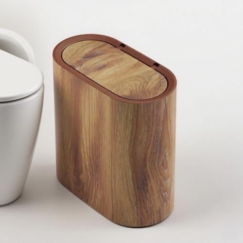 Genérico Papelera de Baño Moderna: Cubo de Basura Pequeño con Tapa, Materiales de Plástico Mármol y Madera - Ideal para Hogar e Interior