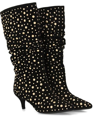 shoes&blues.es 96735 Bota de Mujer de Cana Arrugada Decorada con Tachuelas metalicas Brillantes Tipo Pedreria. Fruncido, Tacon Fino, Punta Fina. Ideal para Temporada Otono Invierno. Negro Talla 39
