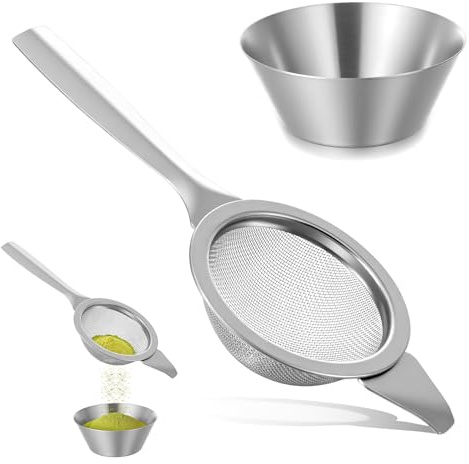 Colador de matcha plateado de 2.2 pulgadas, tamiz de matcha de malla fina 30 con mango y base, colador de té pequeño de acero inoxidable de malla fina, coladores de matchas de metal pequeños para té